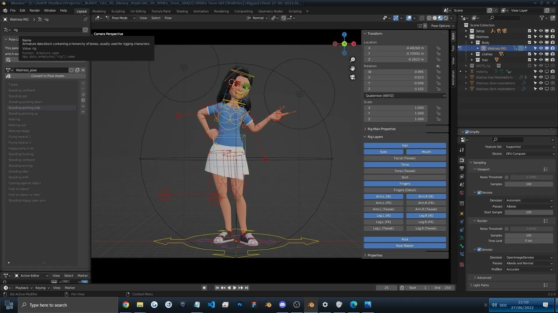 Cartoon White Woman Teen - Rigged 3D Character in Blender with advanced face and body rigging system